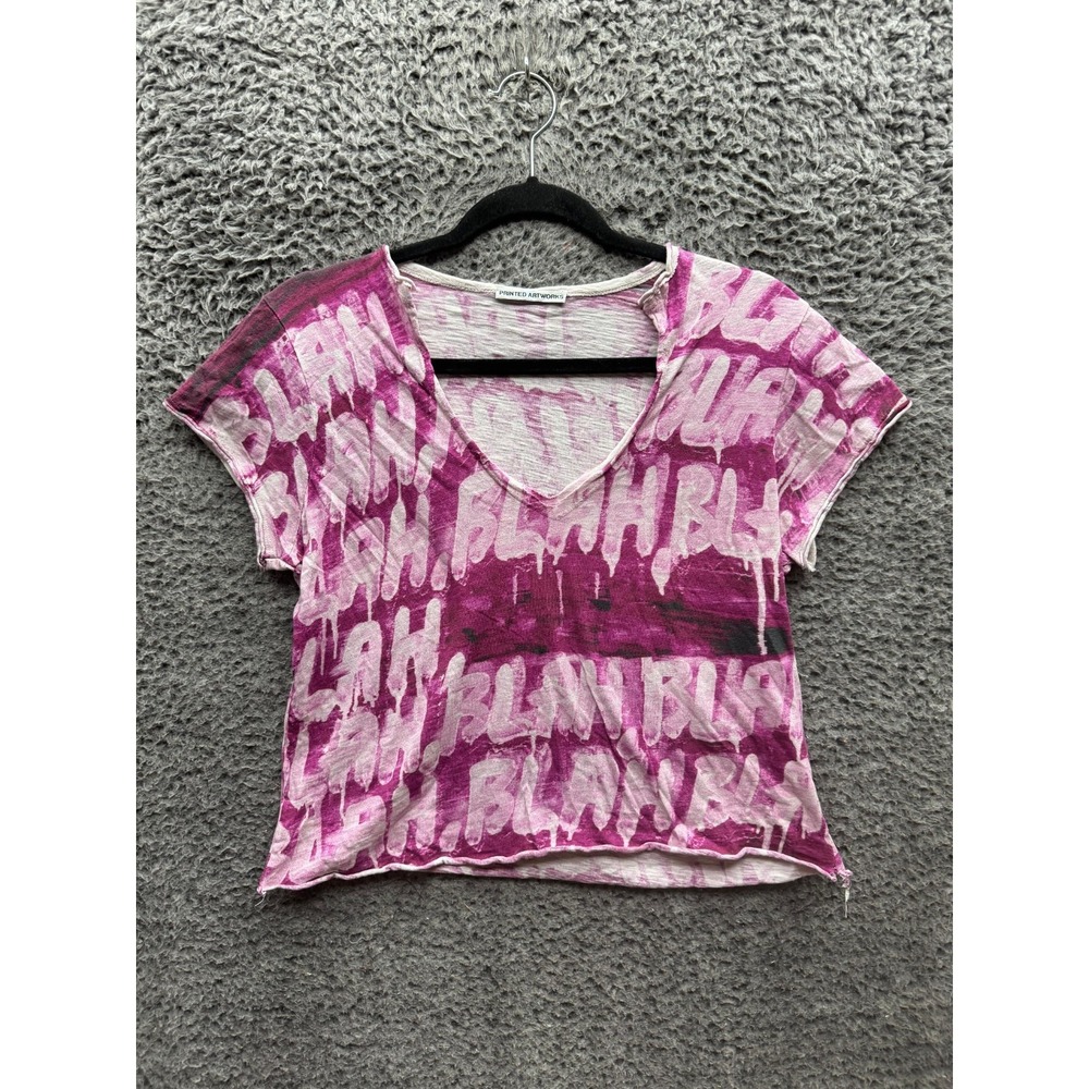 Printed Artworks Graffiti Graphic Short Sleeve Crop Top Pink Womens Size S/M